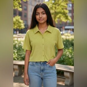 Andie Cropped Button-Up Terry Top Small NWT Green Soft Stretch Terry Loungewear
